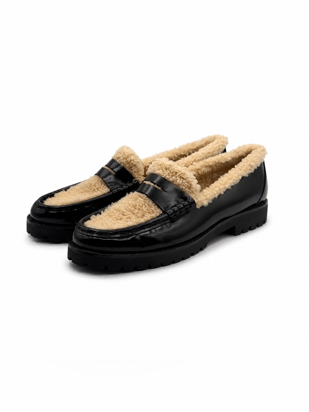 PAIGE Ellis Penny Loafers Black Leather Shearling Lined Lug Sole Slip-On Shoes - Picture 3 of 16